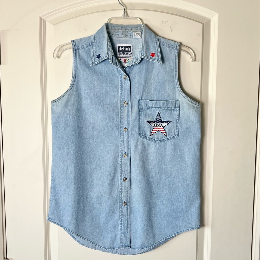 Vintage Denim Details Sportswear Sleeveless button up USA embroidered Star
